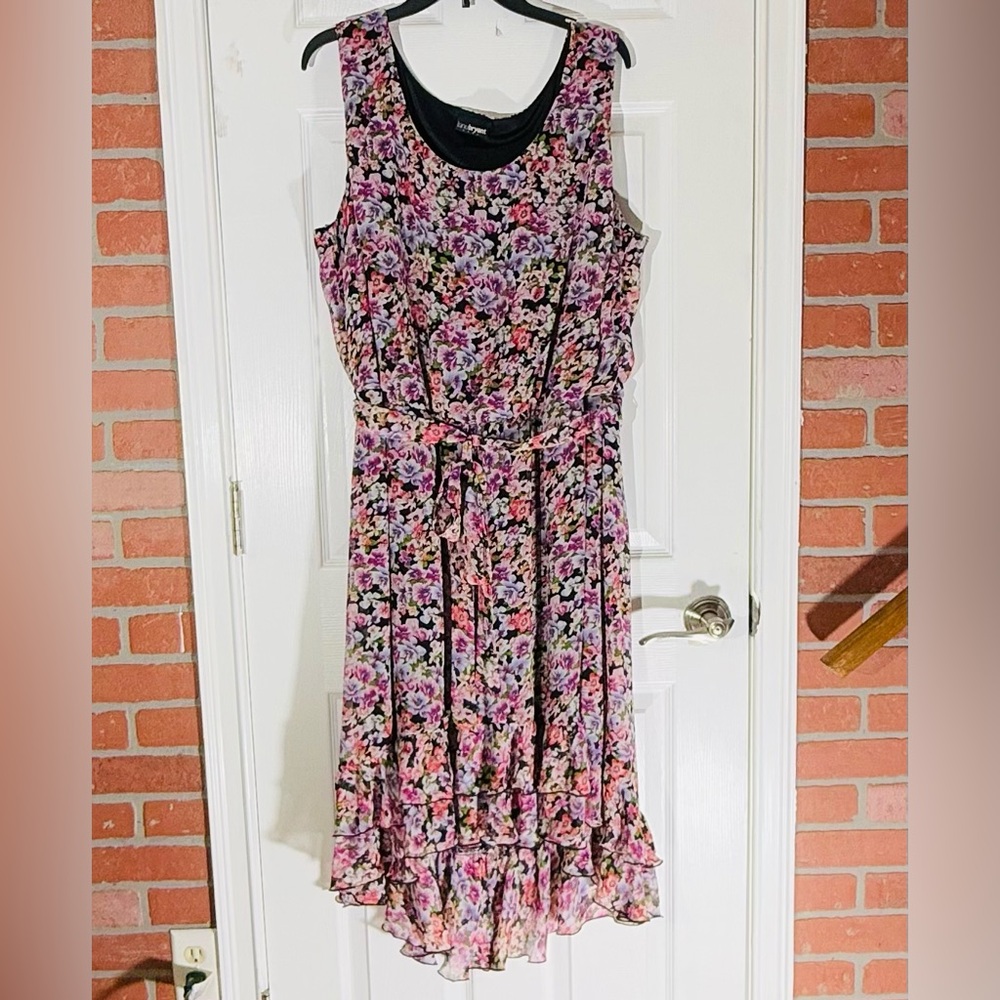 Lane Bryant Floral Sleeveless Dress Ruffle Skirt Hem Elastic Waistline XL Belt